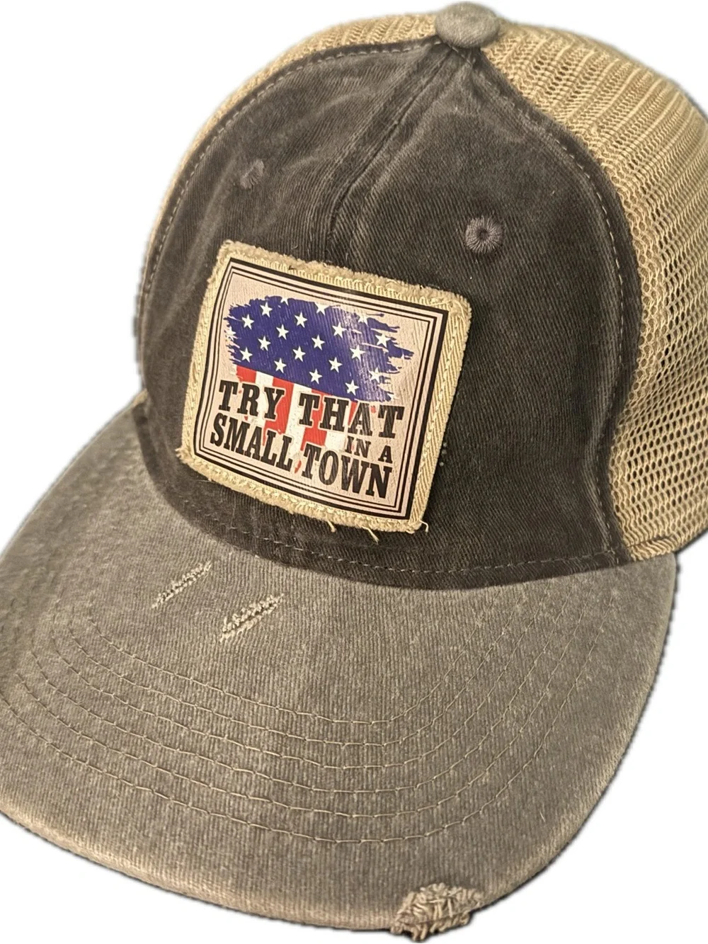 Try That Small Town Distressed Trucker Cap - Denim / Beige Mesh